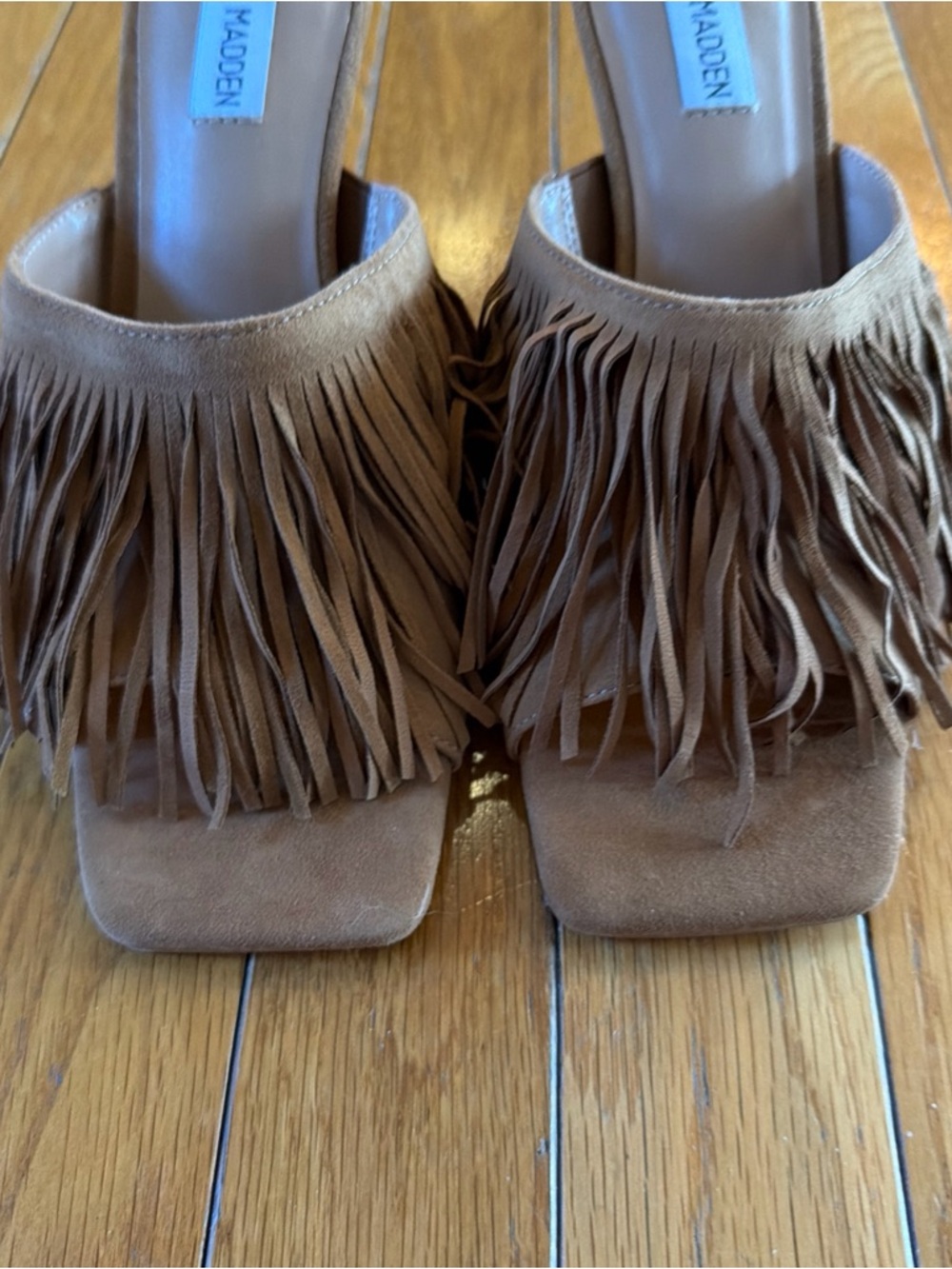 New Steve Madden Morina Slides Sandals Shoes Fringe Cognac Suede Square Toe Sz 8 - Picture 3 of 9